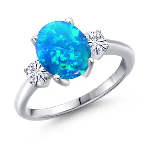 Gem Stone King Gemstone Birthstone and White Moissanite 3-Stone Engagement Ring For Women | 925 Sterling Silver | Oval 10X8MM and Round 4MM | Wedding Anniversary Promise Ring | Sizes 5, 6, 7, 8, 9