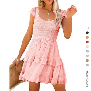 Danedvi Women's Cute Casual Cap-Sleeve Dress - Lady's Summer Lightweight Polyester Smocked Elastic High-Waist Tiered A-Line Flowy Mini Dress with Ruffle Details, Non-Customized Top Alternative