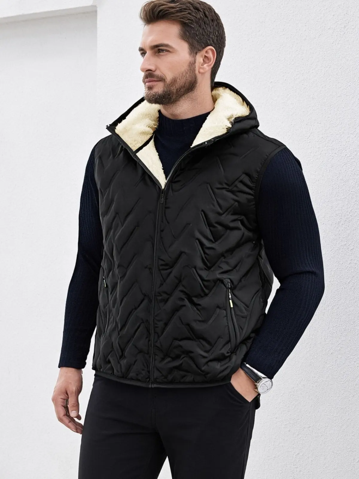 Men’s Winter Hooded Vest with Lamb Fleece Lining, Quilted Insulation, Sleeveless Outdoor Vest