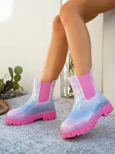 Women's Gradient Leopard Transparent Thick Sole Rain Boots, Fashion Chelsea Elastic Waterproof Short Boots, Anti-Slip Wear-Resistant Outdoor Shoes