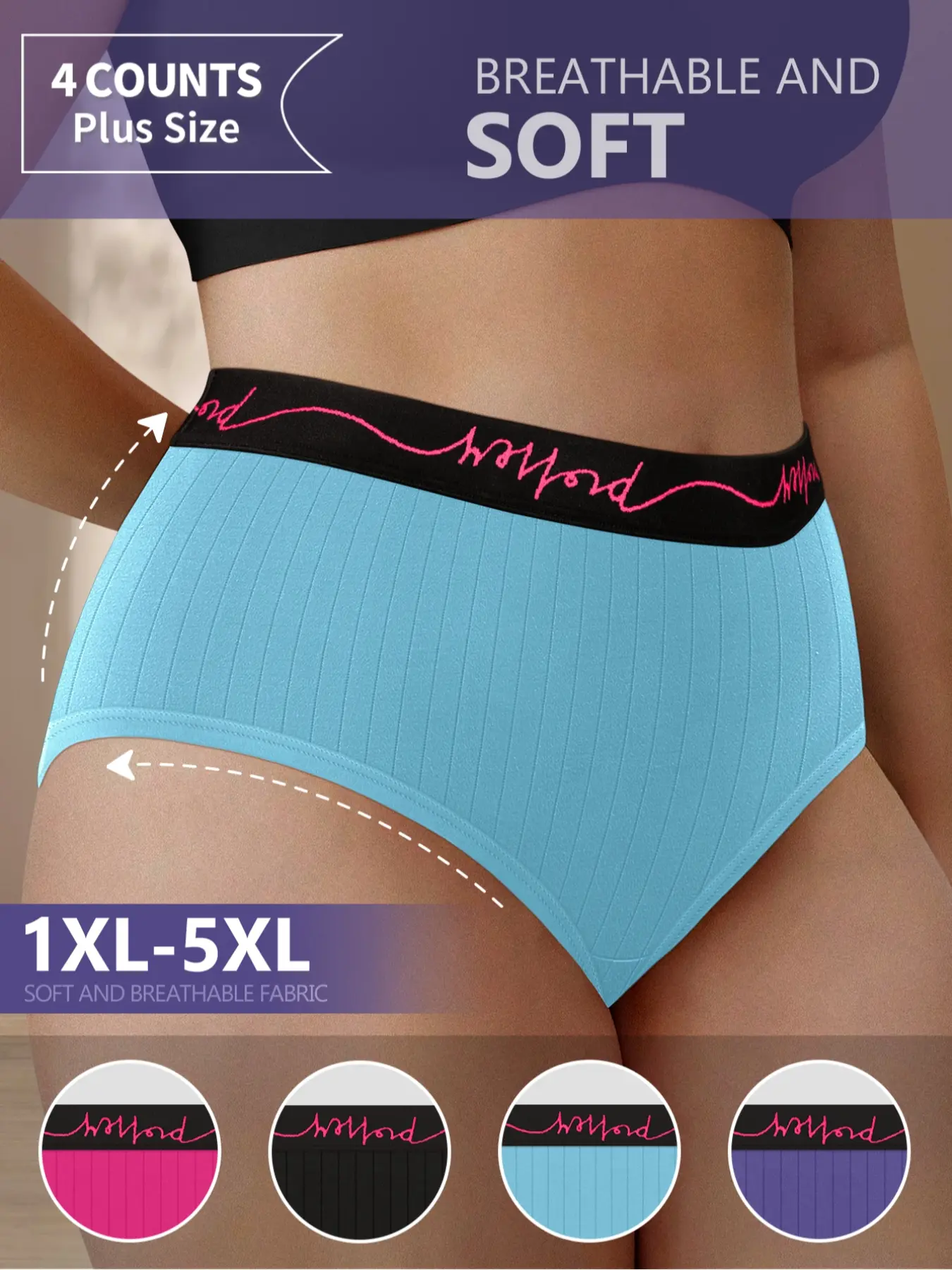 Morelect High-Waisted Underwear Set, Soft Breathable Fabric, Comfortable Non-Restrictive, Letter Waistband, Vertical Stripes, Sizes 1xl-5xl