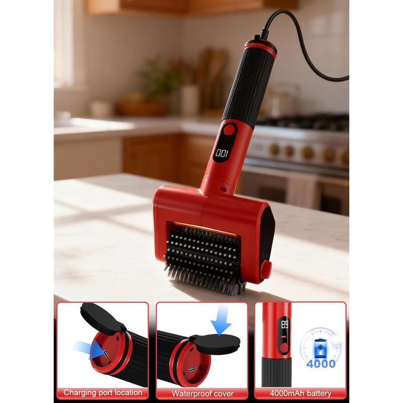 Electric Rechargeable Grill Brush, 650RPM Spinning Stainless Steel Bristle BBQ Brush, Bristle-Free Grill Cleaner for Outdoor & 2 PCS Scouring Pads - Heavy Duty Cordless Electric Tool with LED Light