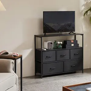 Sweetcrispy 5 Fabric Drawer Dresser TV Stand For Bedroom, Entertainment Center For 45 Inch TV With Storage Drawer Unit, Open Shelf, Adjustable Feet, Living Room