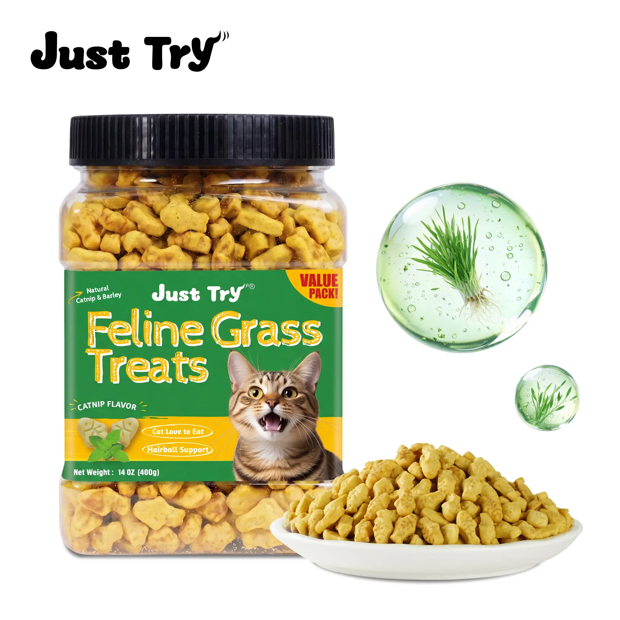 Just Try Cat Treats for Indoor Cats Hairball Control Natural Salmon Healthy Cat Grass Treats Kitten Snacks Training Biscuits Catnip for Cats Dental Care 14.1 OZ,back to school