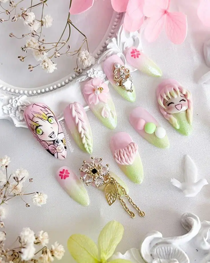 Umitsurina Kanroji Press On Nails | Handmade 3D Anime Edangou & Aflorale Sdemonade Tslayera Nail Set| FREE Adhesive Tabs  Nail File Cuticle Stick