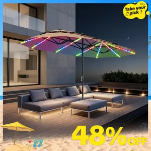 [RGB LED] PHI VILLA 13ft/15ft Double-Sided Patio Umbrella with RGB Solar LED Lights, Double Vent Top & Base – Extra Large Backyard & Pool Umbrella