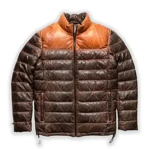 Quilted Dual Tone Brown Leather Puffer Jacket