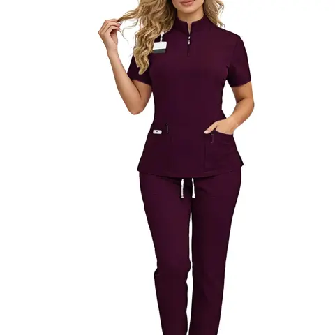 Women’s surgical scrubs set – stand collar design, structured cut, wide-leg pants, large storage pockets, slightly stretchy, wrinkle-resistant, breathable, and comfortable workwear, suitable for clinical settings and everyday outings.