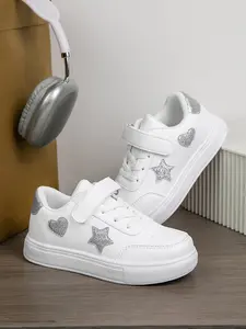 Cute Princess Style Girls' Casual Sneakers, Glitter Stars & Hearts Design, Velcro Closure, Sweet and Adorable for Daily Wear