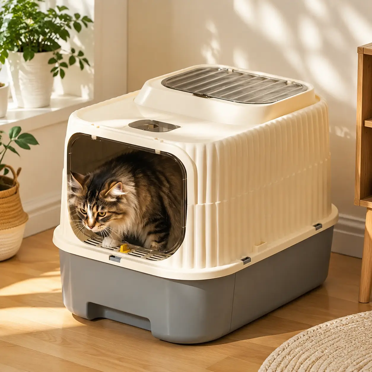 Fully Enclosed Drawer-Style Cat Litter Box for Larger Cats, Pet Litter Tray with Splash Guard, Odor Control, Fresh Airflow Ventilation, Spacious Design, Removable Washable Sand Sieve Platform, Pull-Out Flip-Top Lid, Free Scoop easy-to-clean