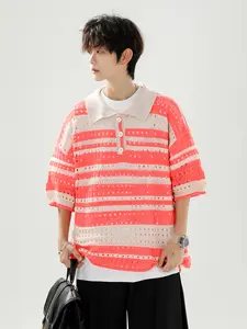 Men's Oversized Striped Crochet Knit Polo Shirt, Short Sleeve Hollow Out Neck Top, Beach Street Style T-Shirt, Casual Fashion