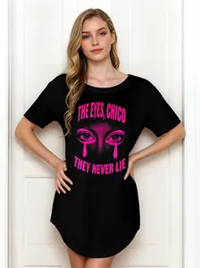Women's Goth Pink Tears Eye Print Oversized Tunic Dress - Vintage Curved Hem, Black, Casual, "THE EYES CHICO THEY NEVER LIE" Themed