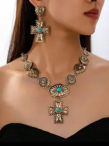 Vintage Boho Style Textured Carving Heart/cross Pendant, Turquoise Inlay Women Jewelry Set, Necklace and Earrings, Western Charm for Daily Wear