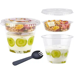 9 oz Clear Plastic Yogurt Parfait Cups with  Disposable To Go Cereal Cups for Breakfast Snack Fruit, Veggies and Dips (50 Cups+Inserts+Sporks+Flat )