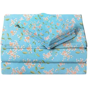 Blue Floral Printed Sheet Full Size, 4 Flower Pattern Microfiber Extra Deep Pocket