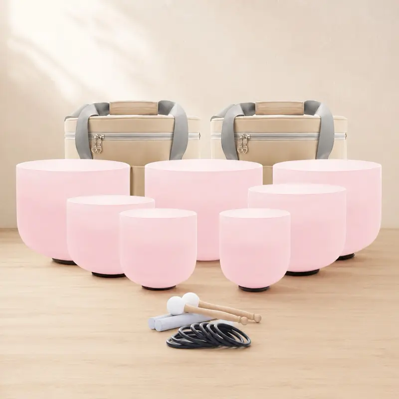 7-Piece Pink Crystal Singing Bowl Set 99.99% Pure Quartz for Meditation Yoga Reiki 432 Hz Sound Healing 6-12 Inch Sizes with Mallets and Cases