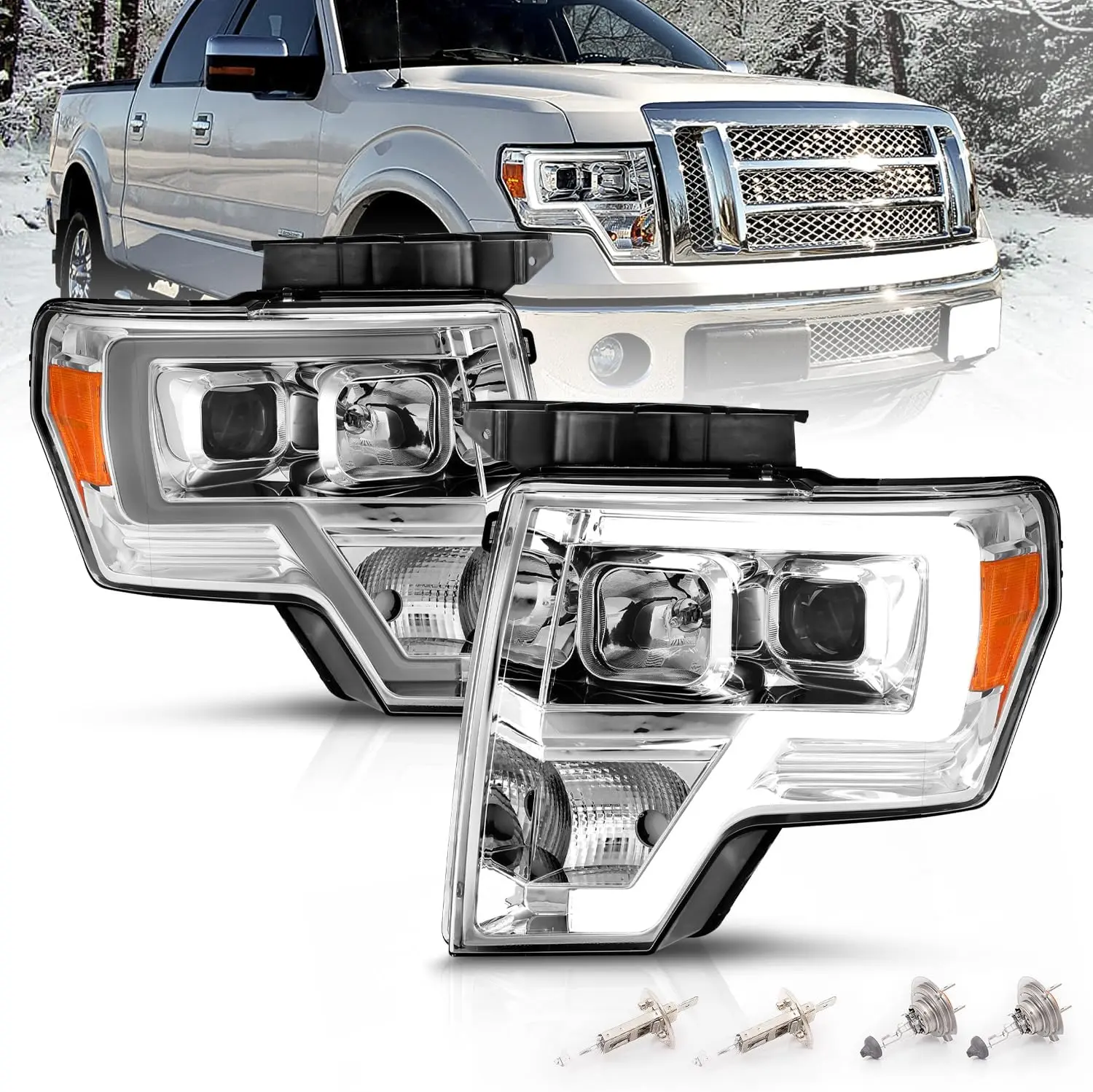 AmeriLite for 2009-2014 Ford F150 Truck LED Bar Square Projector Chrome Replacement Headlights Set w/Halogen Bulb Socket - Driver and Passenger Side