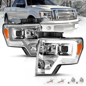 AmeriLite for 2009-2014 Ford F150 Truck LED Bar Square Projector Chrome Replacement Headlights Set w/Halogen Bulb Socket - Driver and Passenger Side