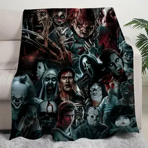 Horror-Themed Reversible Fleece Blanket - Chunky Knit, Soft, All-Season Comfort for Camping, Halloween & Day of the Dead Celebrations, Machine Washable, Polyester Fiber, No Charge Needed