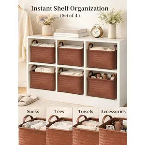 Hand Woven Baskets for Storage, 4Pcs Water-Resistant Wicker Baskets, Brown Wicker Storage Baskets for Shelves, Large Basket with Handle for Organizing, Clothes, Laundry, Blanket - Rectangular