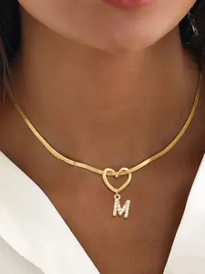 Women's Heart Pendant Necklace with Zircon Initial Letter Charm, Heart Shaped Pendant, Stainless Steel Herringbone Chain, Casual Fashion Jewelry Gift for Her