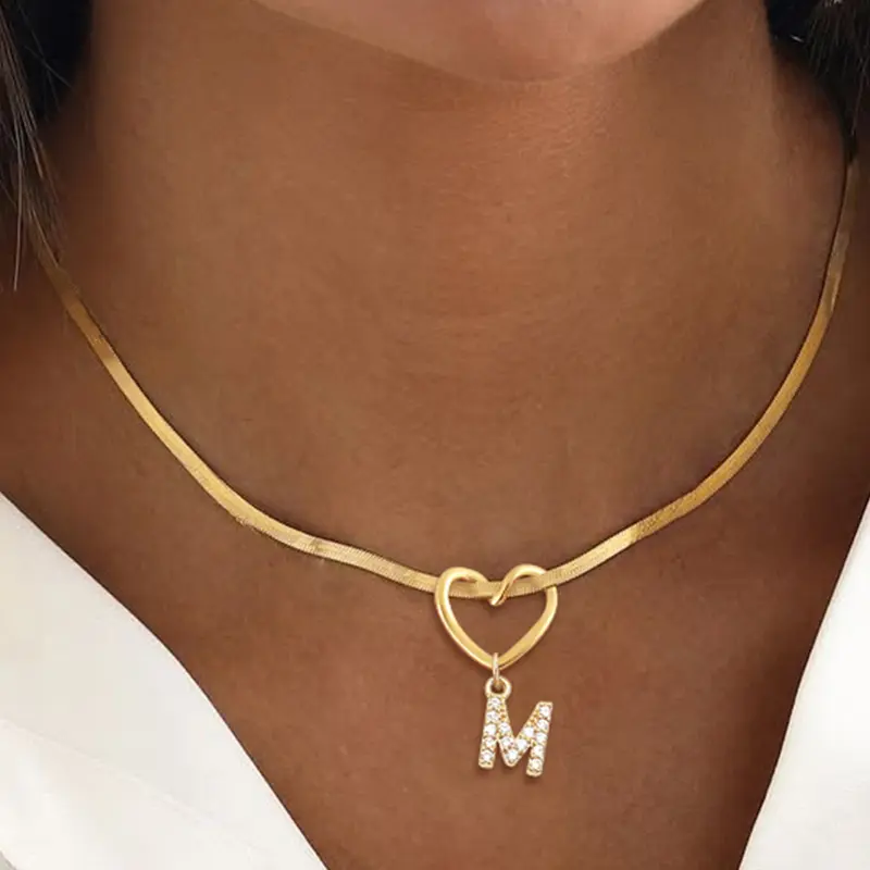 Women's Heart Pendant Necklace with Zircon Initial Letter Charm, Heart Shaped Pendant, Stainless Steel Herringbone Chain, Heart Style Chain, Casual Fashion Jewelry Gift for Her Heart Design Necklace, Initial Pendant Necklaces, Letters Necklace