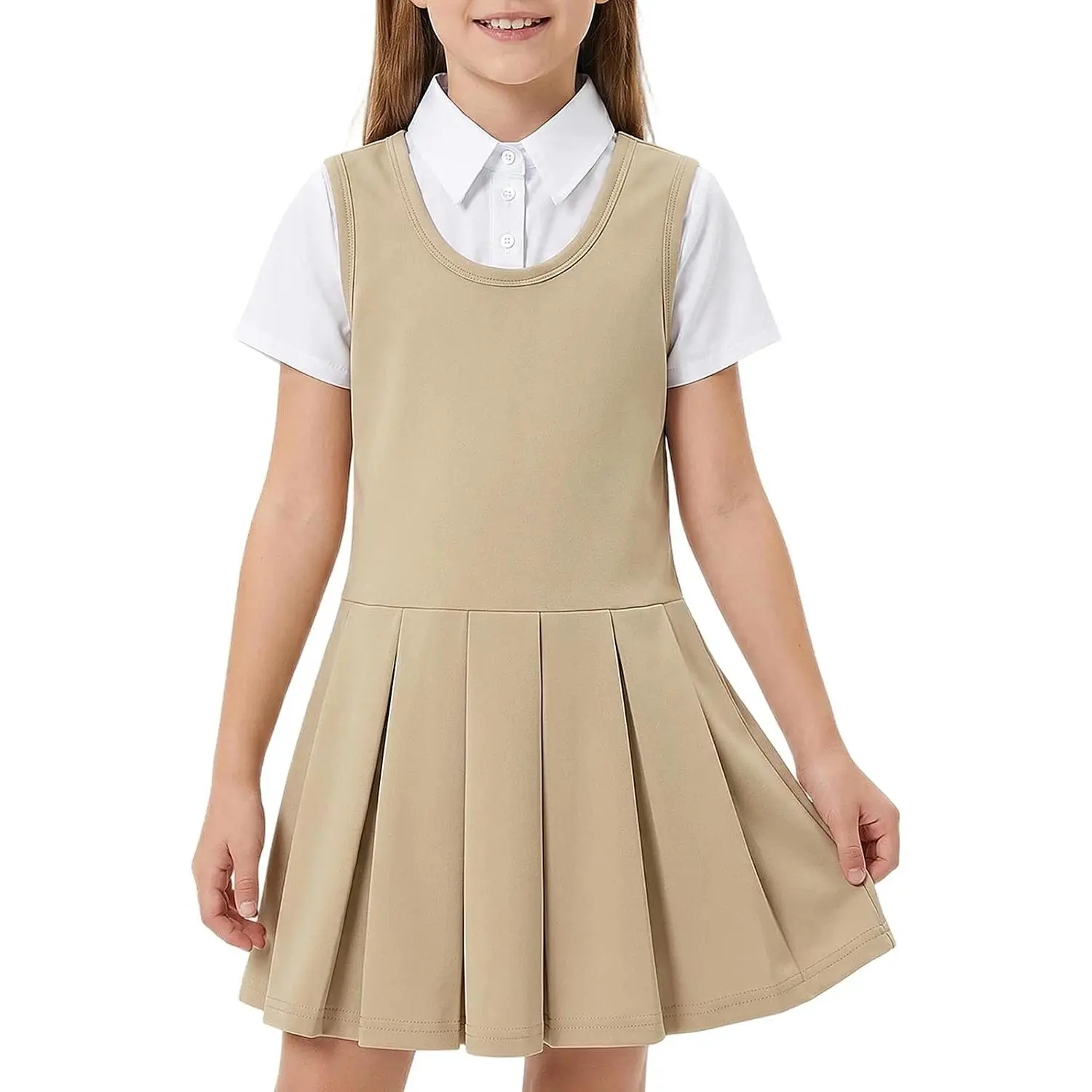 Girls 2 in 1 School Uniform Dress Short Sleeve Pleated Jumper Button Down Shirts Dresses (5-12 Years)