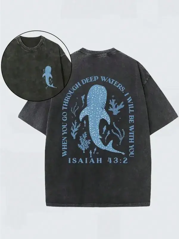 Whale Shark Pattern Retro Washed Cotton Double-Sided Printed T-Shirt Men's T-Shirt Old Summer Clothing Off Shoulder Sleeves Round Neck Top Short Sleeved slightly cropped shirt men Water Wash