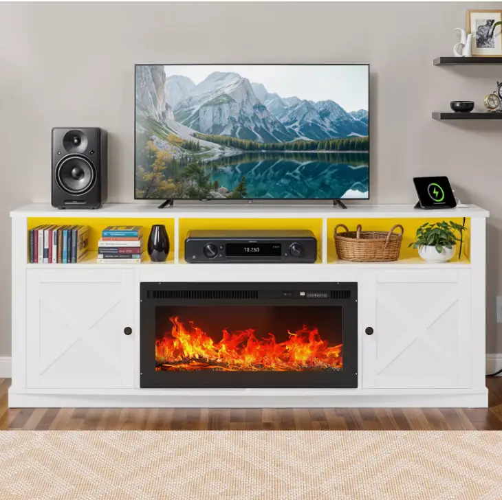Yitahome Farmhouse TV Stand with Fireplace for 75 Inch TVs, Entertainment Center for Living Room, 36” Electric Fireplace & LED Light, Media Console wi