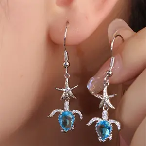 Ocean Theme Turtle Gem Grade Cubic Earrings with Starfish Accent Sparkling Design