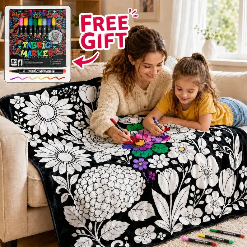DIY Coloring Blanket,Soft Fleece Art Throw with 24 Fabric Markers,Kids Creative Activity Blanket for Birthday Gift,Cute Playroom Craft Decor Gift Blanket  Decor Christmas and Halloween and Birthday
