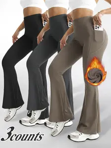 Hijesse winter women's bottoming bell bottoms warm velvet high waist ultra-warm trousers with side pockets designed for comfort and elasticity, warm autumn trousers, solid color, high waist and black warmth. SpringStatements