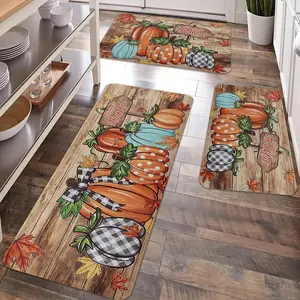 2/3pcs Autumn Thanksgiving Watercolor Pumpkin Kitchen Floor Mat Carpet, Retro Pumpkin Printed Flannel Soft, Non Slip Floor Mat, Thanksgiving Party Kitchen, Dining Room, Living Room, Entrance Door, Laundry Floor Decoration Floor Mat