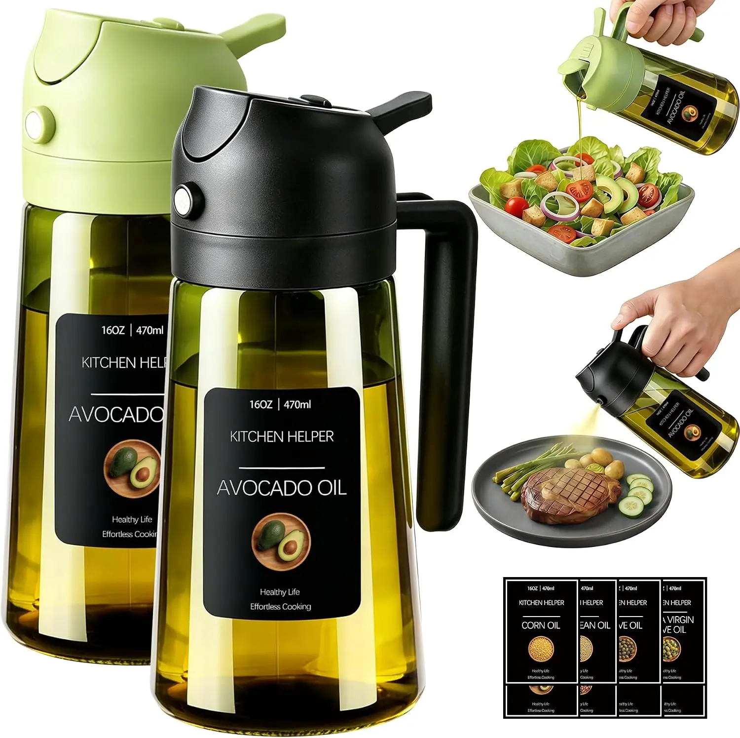 16oz Glass 2-in-1 Light-Proof Leak-Proof Olive Oil Sprayer & Dispenser, Kitchen Utensil for Air Fryer, Salad, BBQ - Black & Green