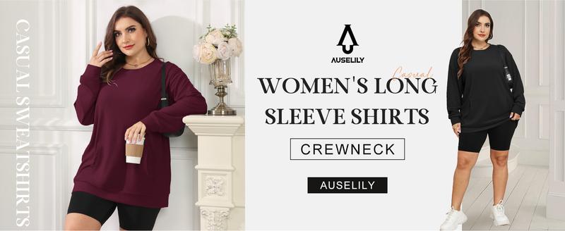 AUSELILY Women's Crewneck Hoodless Sweatshirt With Kangaroo Pocket Fleece Longsleeve Oversized Casual Style Shirt Lightweight Pullover 2025 Xmas Gift