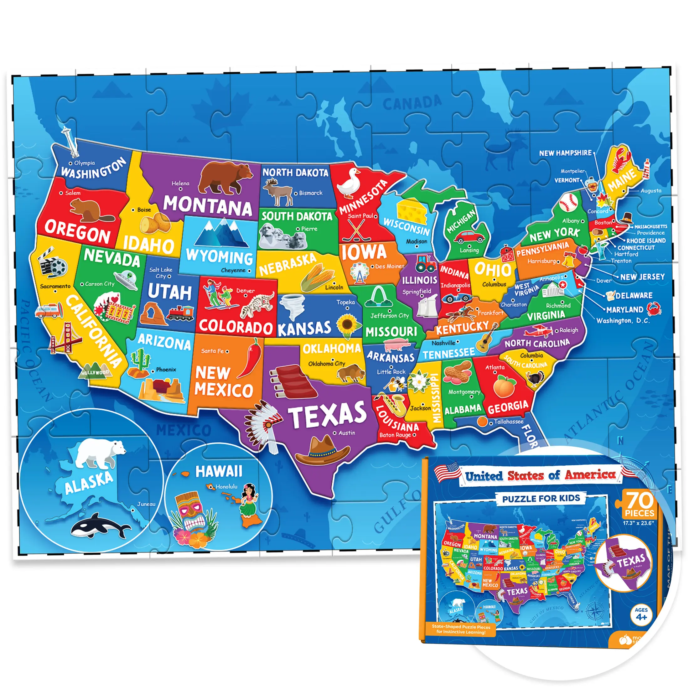 Momo & Nashi United States Puzzles for Kids Ages 4-6 - [Back to school shopping] - Educational Toys for Boys & Girls - 70Pcs USA Map Kids Puzzle with 50 States & Capitals