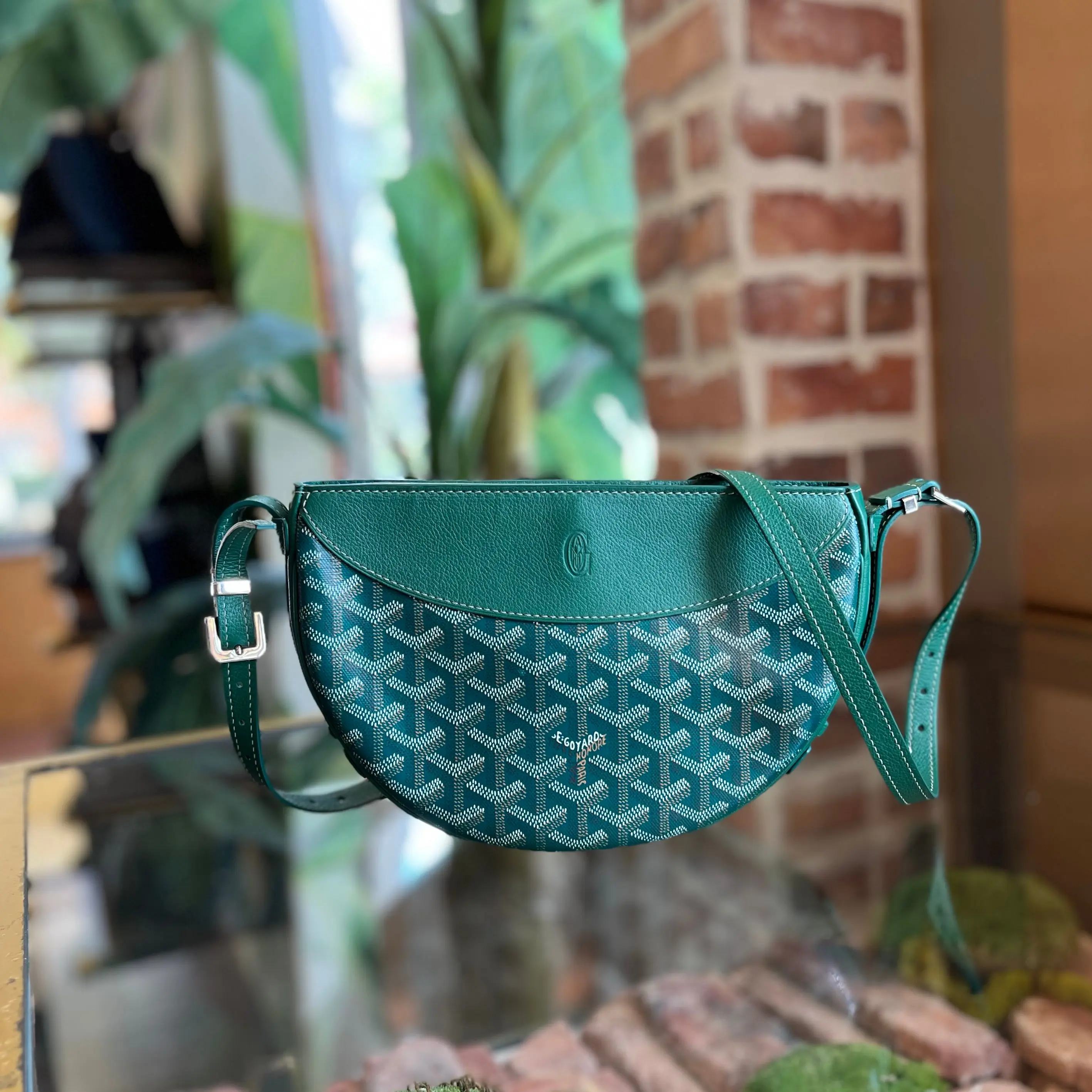 Pre-owned Goyard Coated Canvas Half Moon Hirondelle Green Goyardine Canvas Chevroches Calfskin Crossbody