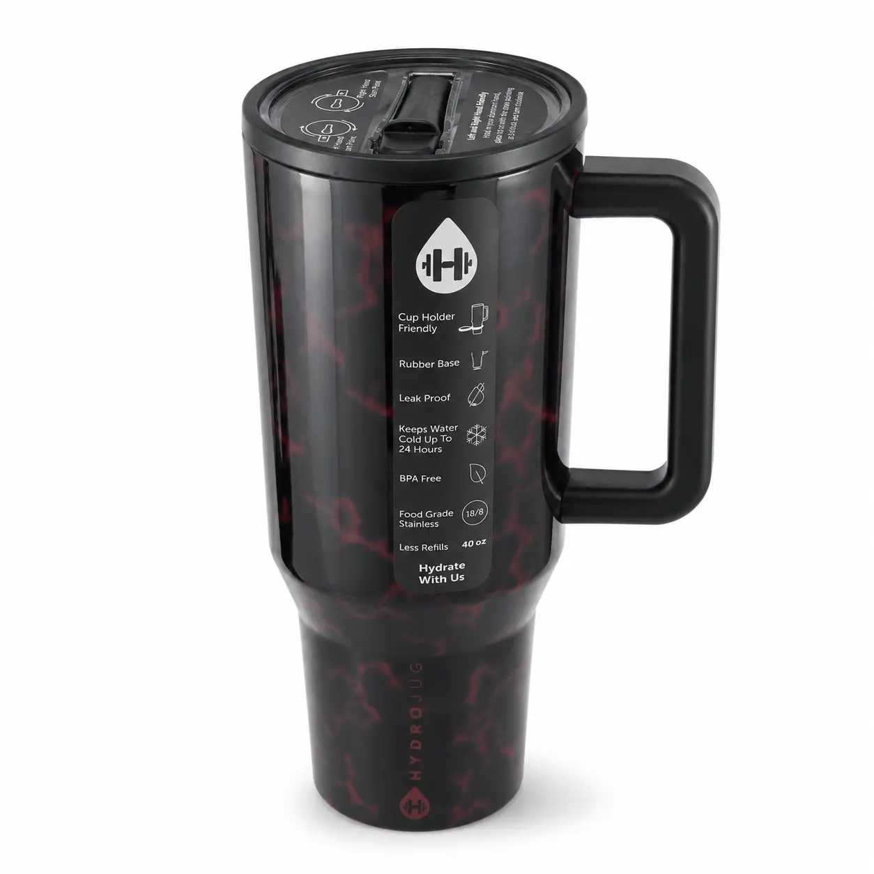 HydroJug 40oz Black Red Marble Vacuum Insulated Stainless Steel Tumbler - Sturdy, Aesthetic, Reusable Drinkware with Handle, Leakproof Straw Lid, Cup Holder-Friendly for Travel, Gym, Daily Use