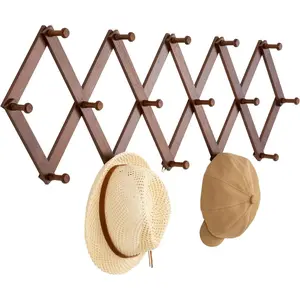 Accordion Wall Hanger, Wooden Hat Rack for Wall with 16 Hooks, Expandable Peg Hat Hanger Organizer, Decorative Coat Rack  Baseball Caps, Bags, Scarves (Walnut)