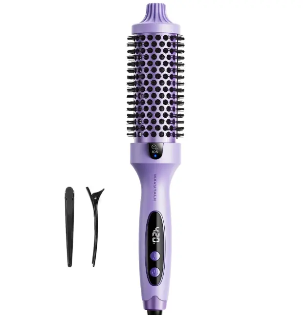 Wavytalk Thermal Brush Blowout Boost 1.5″ Heat Round Brush for Blowout Look | Negative Ion Technology, Tourmaline Ceramic, 5 Temperature Settings Dual Voltage, Less Damage, Purple