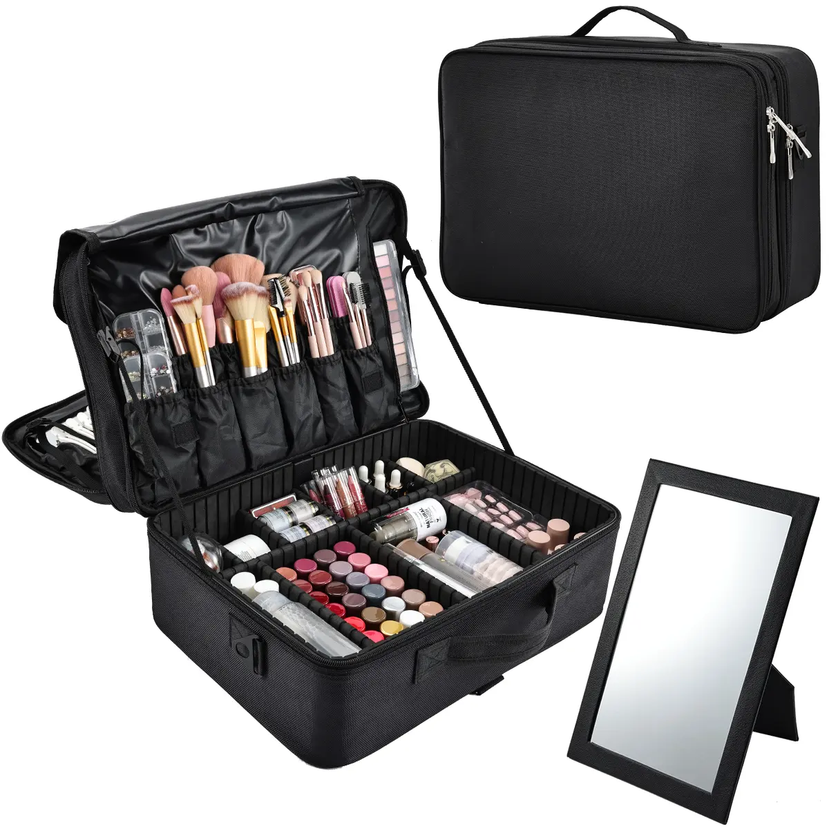3-Layer Large Beauty Bag with Mirror, Professional Cosmetic Organizer Pouch, Travel Train Case with Adjustable Dividers, Shoulder Strap & Portable Makeup Brush Storage