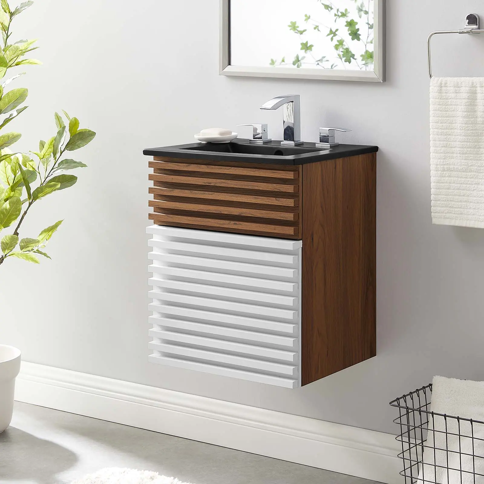 Modway Render 18" Wall-Mount Bathroom Vanity in White Walnut Black
