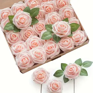 25pcs Artificial Roses - Soft PE Foam Realistic 3" Blooms, Bendable Plastic Stems for DIY Wedding Bouquets, Bridal Shower, Home Decor - Reusable Valentine's Day, Christmas, Decorative Blooms, Flexible Stems Flower Floral