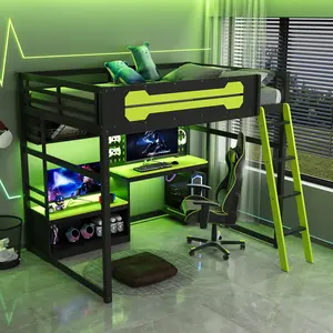 Full Size Gaming Loft Bed with Desk & Storage Shelves, Wood Full Loft Bed Frame with LED Lights, USB Ports and Pegboard, No Box Spring Needed, Black+Green