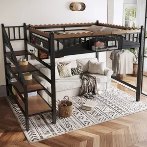 Metal Loft Bed with Storage Stairs & Built-in Bookshelf, High Sleeper Bed Frame with Shelves, Space-Saving Loft Bed for Bedroom, Guest Room & Dorms, Black