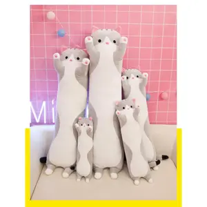 Cute Kawaii Cat Plush Long Body Pillow Soft Cartoon Stuffed Animal Kitten Doll 19.7-27.6 Inch Grey PP Cotton Machine Washable for Kids Girls & Girlfriend