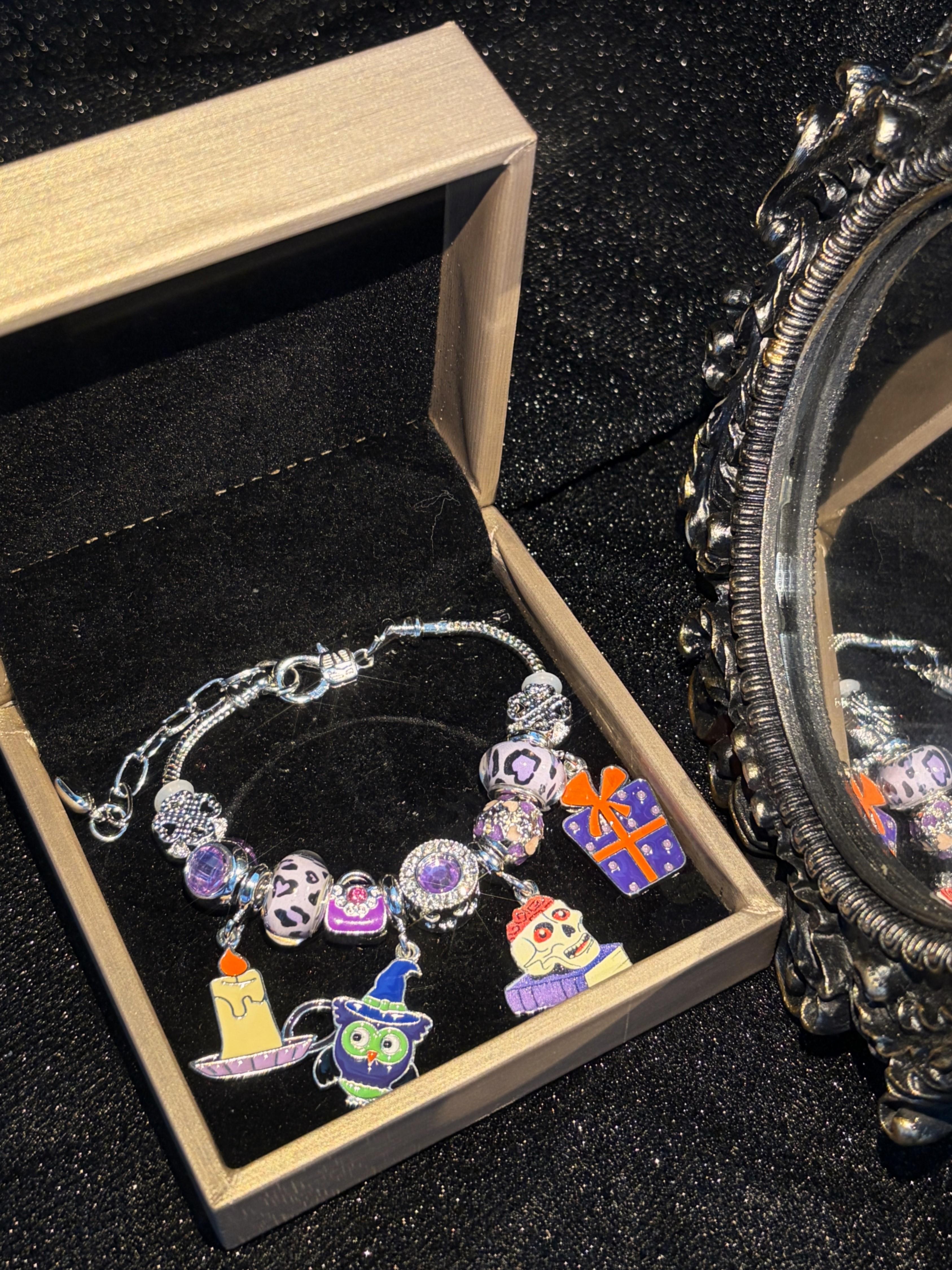 Women's Halloween Theme Silver-Tone Charm Bracelet with Owl, Skull, Candle Gift Box Dangle Charms and Beads - Party Costume Jewelry