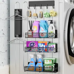 5 Pack Multifunctional Magnetic Shelves for Washing Machine & Refrigerator - Heavy Duty Laundry Room Organization System with Tool Hooks, Metal Storage Baskets (Black)