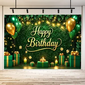 Festive and Gold Happy Birthday Banner with Lighted Balloons, Ribbon Gift Box, Lit Candles, Snowflake Decorations, Elegant Party Celebration Display