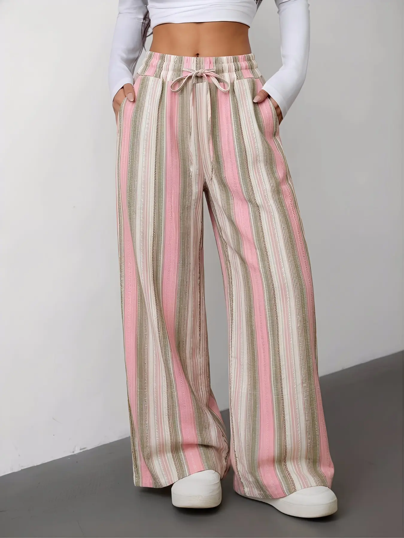 Women's Pink Green Striped Wide Leg Linen Pants, Casual Comfy Drawstring Adjustable Woven Trousers for Beach Vacation, Casual Drawstring Waist, Ladies Baggy Bottoms for All Seasons, Casual Loose Pocket